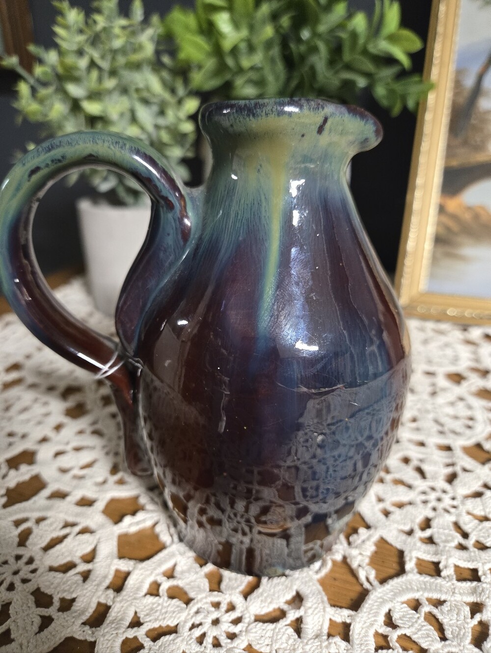 1976 Signed Studio Pottery Pitcher – Blue Green Drip Glaze